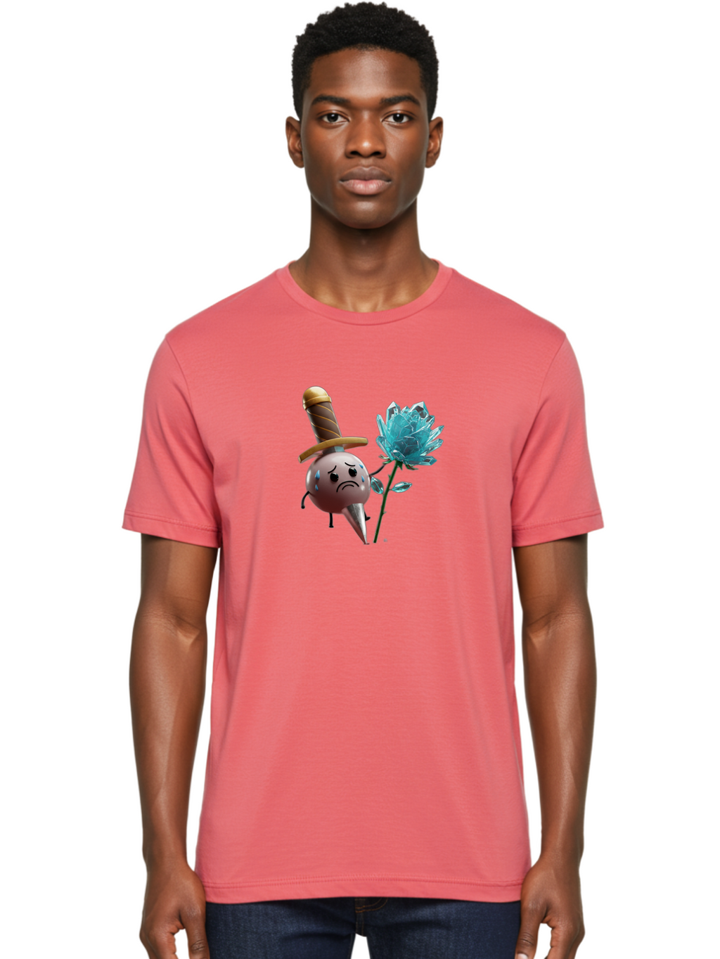 Sad-Bullet-Kin-With-Crystal-Flower Men'S Graphic Tee, 100% Cotton, Comfortable Casual Summer Wear, Machine Washable, Sad Bullet Kin, Crying Face, Blue Tears, Sword Hat, Crystal Flower, Cartoon Character, 3D Animation, Video Game Asset, Bae261