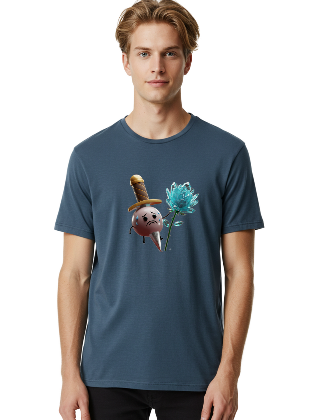 Sad-Bullet-Kin-With-Crystal-Flower Men'S Graphic Tee, 100% Cotton, Comfortable Casual Summer Wear, Machine Washable, Sad Bullet Kin, Crying Face, Blue Tears, Sword Hat, Crystal Flower, Cartoon Character, 3D Animation, Video Game Asset, Bae261