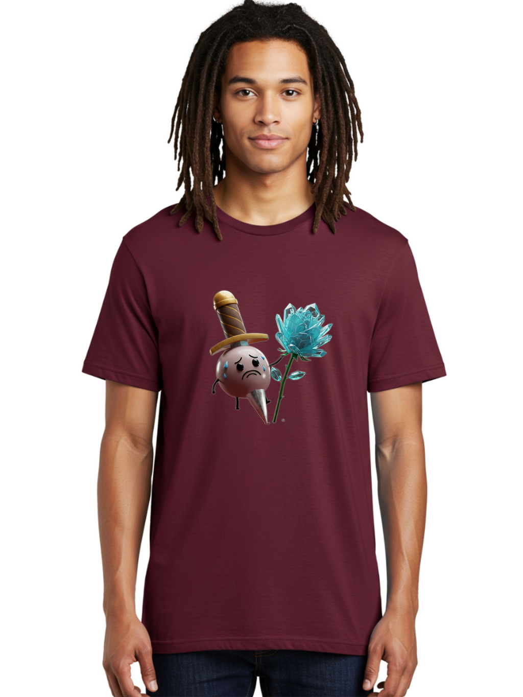 Sad-Bullet-Kin-With-Crystal-Flower Men'S Graphic Tee, 100% Cotton, Comfortable Casual Summer Wear, Machine Washable, Sad Bullet Kin, Crying Face, Blue Tears, Sword Hat, Crystal Flower, Cartoon Character, 3D Animation, Video Game Asset, Bae261