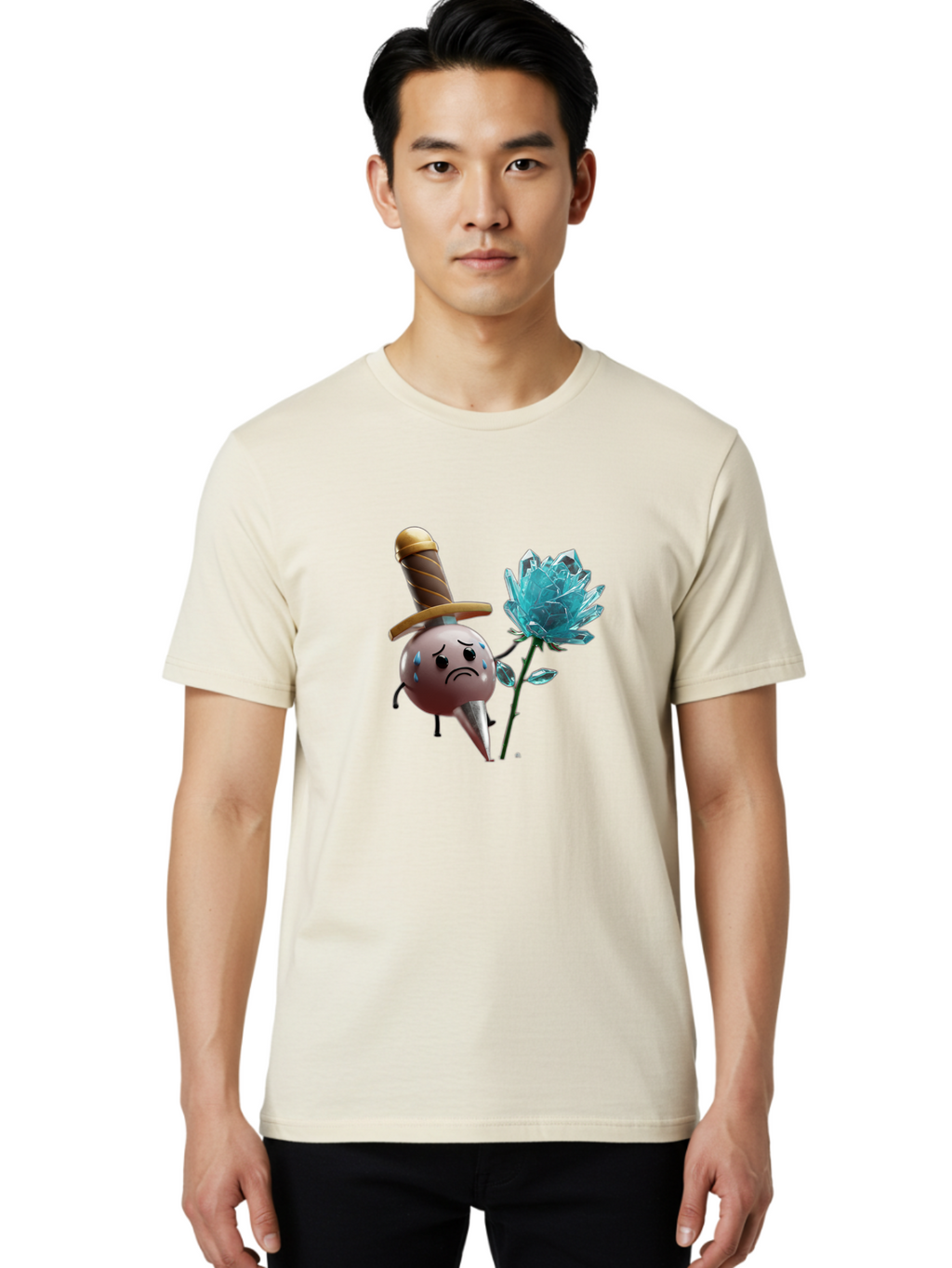 Sad-Bullet-Kin-With-Crystal-Flower Men'S Graphic Tee, 100% Cotton, Comfortable Casual Summer Wear, Machine Washable, Sad Bullet Kin, Crying Face, Blue Tears, Sword Hat, Crystal Flower, Cartoon Character, 3D Animation, Video Game Asset, Bae261
