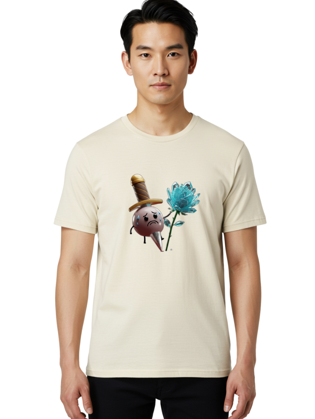 Sad-Bullet-Kin-With-Crystal-Flower Men'S Graphic Tee, 100% Cotton, Comfortable Casual Summer Wear, Machine Washable, Sad Bullet Kin, Crying Face, Blue Tears, Sword Hat, Crystal Flower, Cartoon Character, 3D Animation, Video Game Asset, Bae261