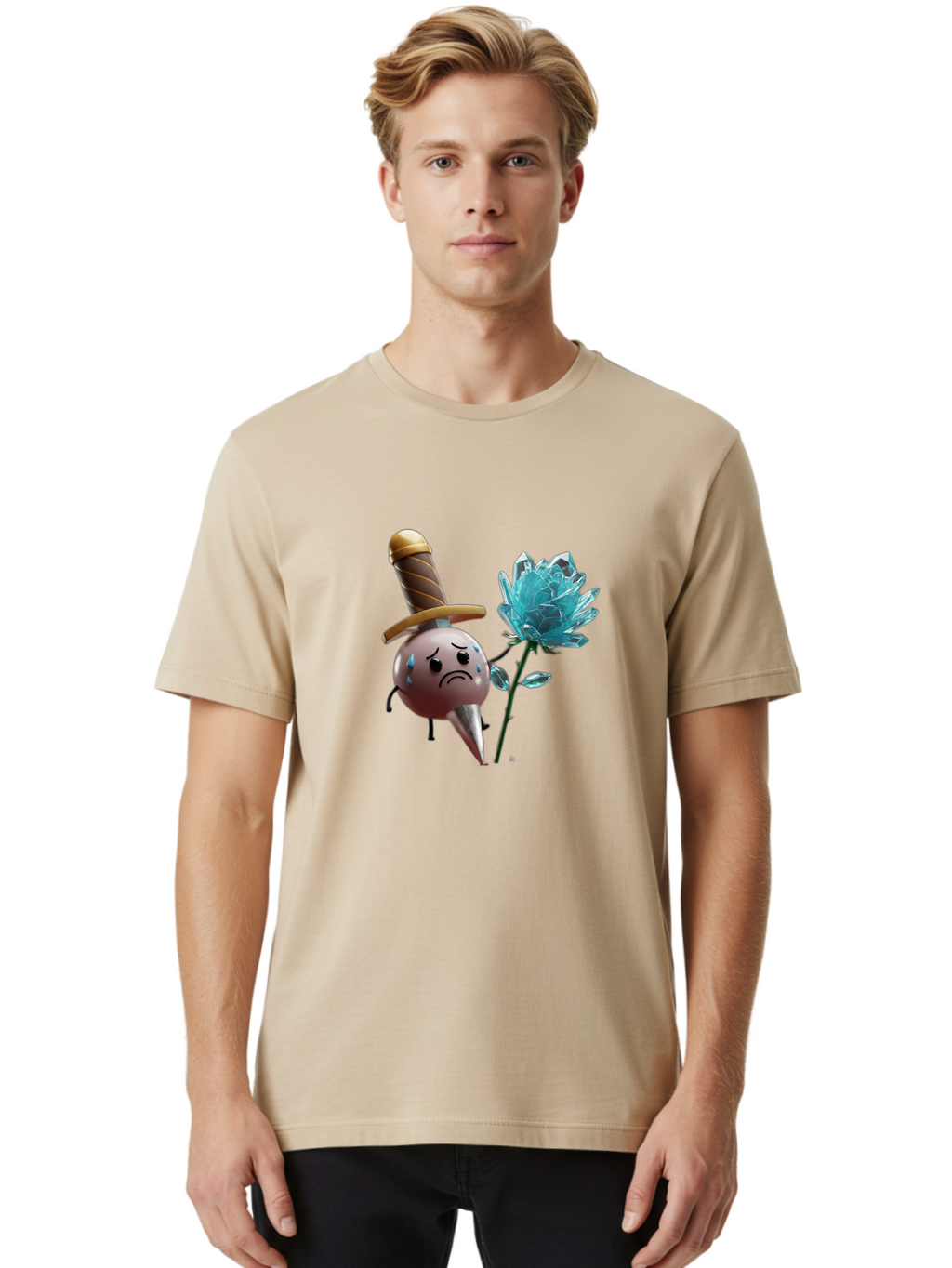 Sad-Bullet-Kin-With-Crystal-Flower Men'S Graphic Tee, 100% Cotton, Comfortable Casual Summer Wear, Machine Washable, Sad Bullet Kin, Crying Face, Blue Tears, Sword Hat, Crystal Flower, Cartoon Character, 3D Animation, Video Game Asset, Bae261