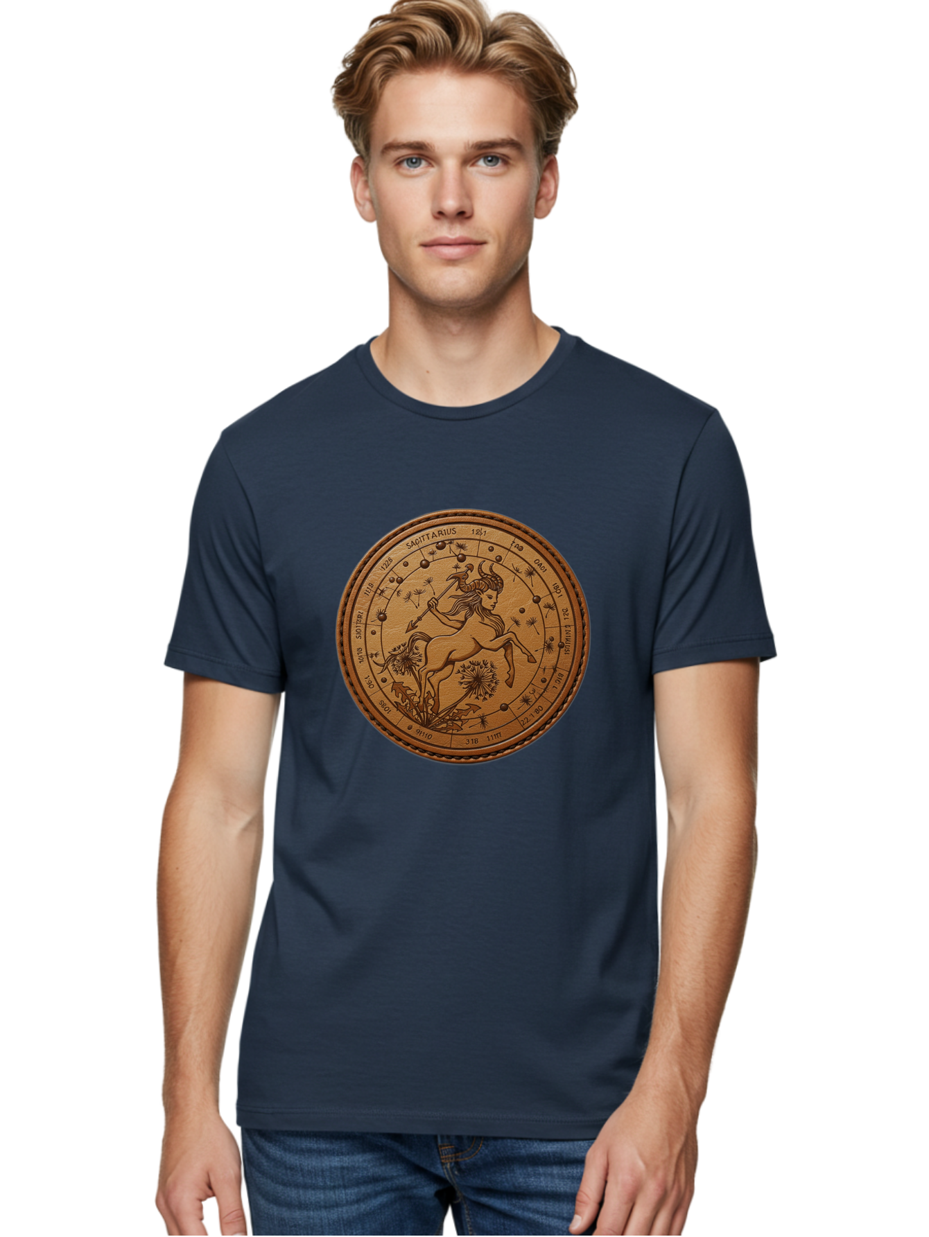 Sagittarius Men'S Graphic Tee, 100% Cotton, Comfortable Casual Summer Wear, Machine Washable, Sagittarius Zodiac Sign, Centaur Archer, Astrology Symbol, Horoscope Illustration, Dandelion Flowers, Celestial Map, Ancient Mythology, Mystical Art Bae263