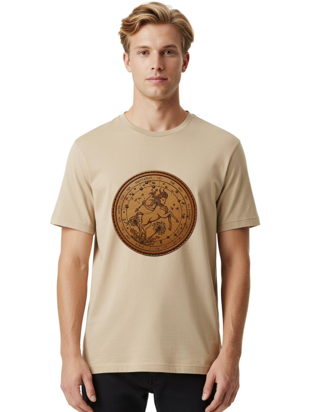 Sagittarius Men'S Graphic Tee, 100% Cotton, Comfortable Casual Summer Wear, Machine Washable, Sagittarius Zodiac Sign, Centaur Archer, Astrology Symbol, Horoscope Illustration, Dandelion Flowers, Celestial Map, Ancient Mythology, Mystical Art Bae263