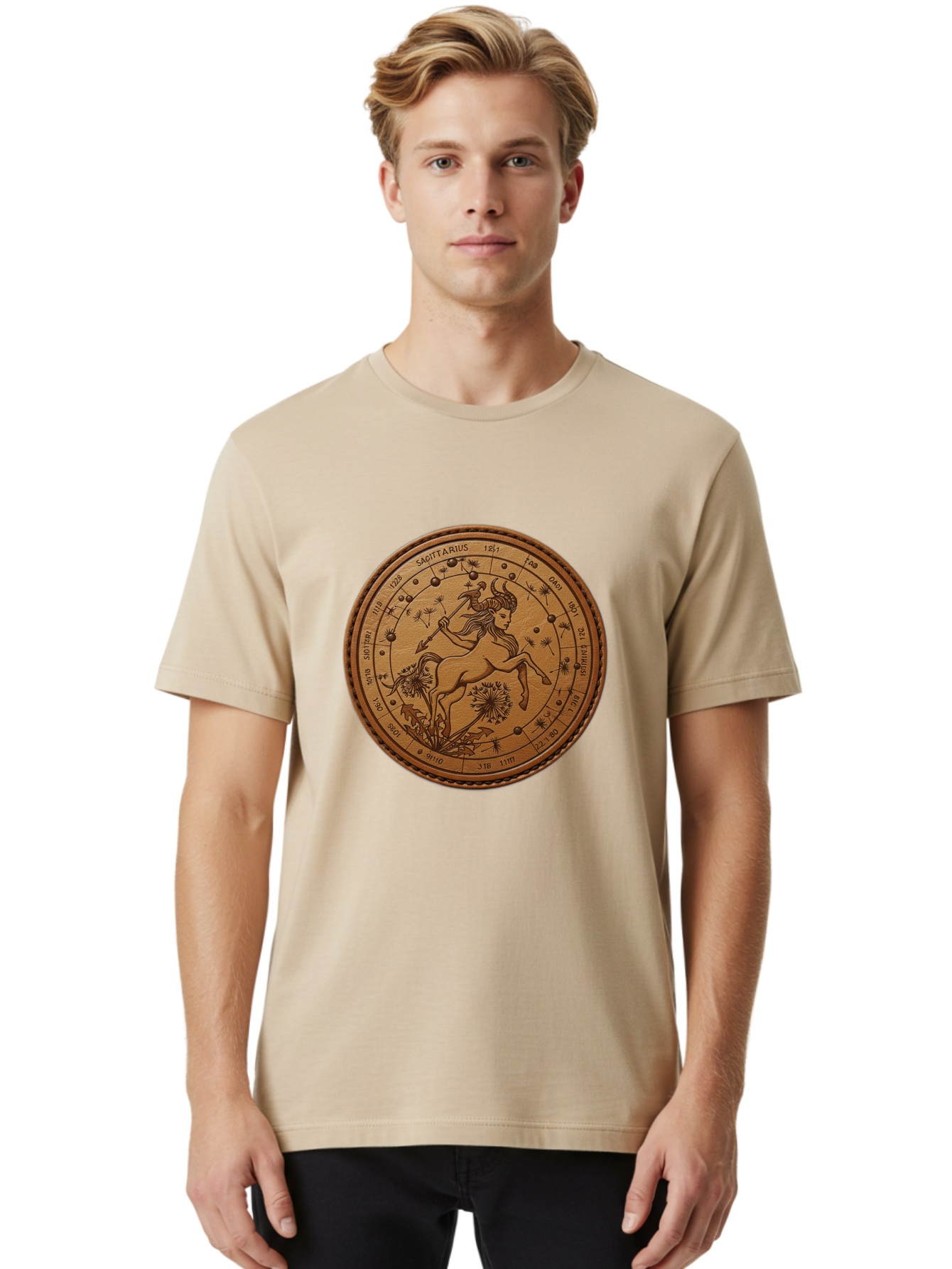 Sagittarius Men'S Graphic Tee, 100% Cotton, Comfortable Casual Summer Wear, Machine Washable, Sagittarius Zodiac Sign, Centaur Archer, Astrology Symbol, Horoscope Illustration, Dandelion Flowers, Celestial Map, Ancient Mythology, Mystical Art Bae263