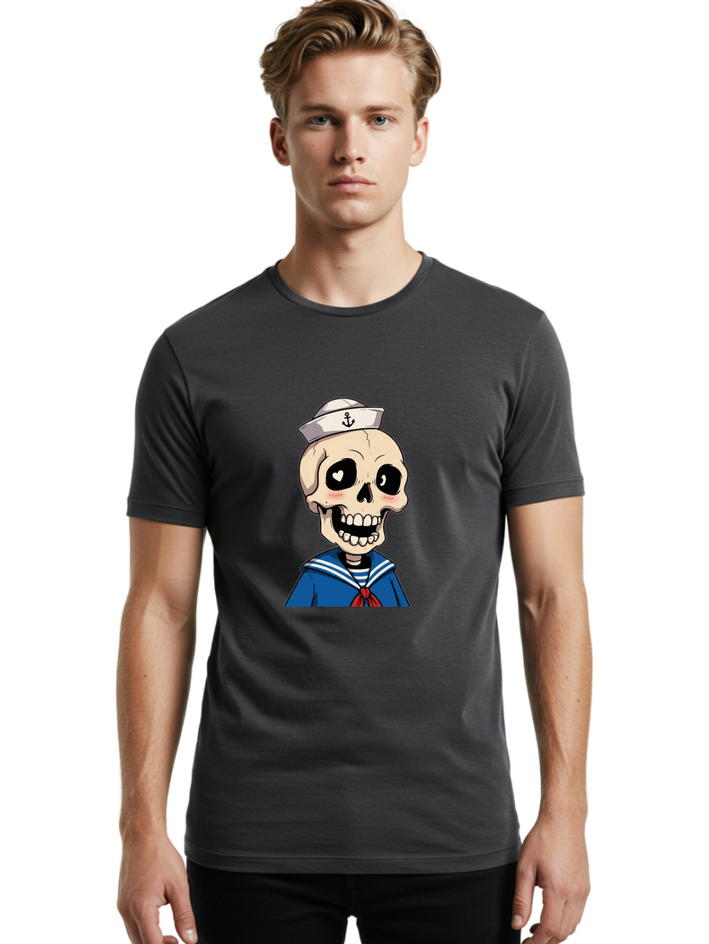 Sailor-Skull Men'S Graphic Tee, 100% Cotton, Comfortable Casual Summer Wear, Machine Washable, Cartoon Skull, Sailor Costume, Nautical Theme, Heart-Shaped Eye, Charming Smile, Kawaii Style, Quirky Character, Skeletal Figure, Anchor Hat, Bae264