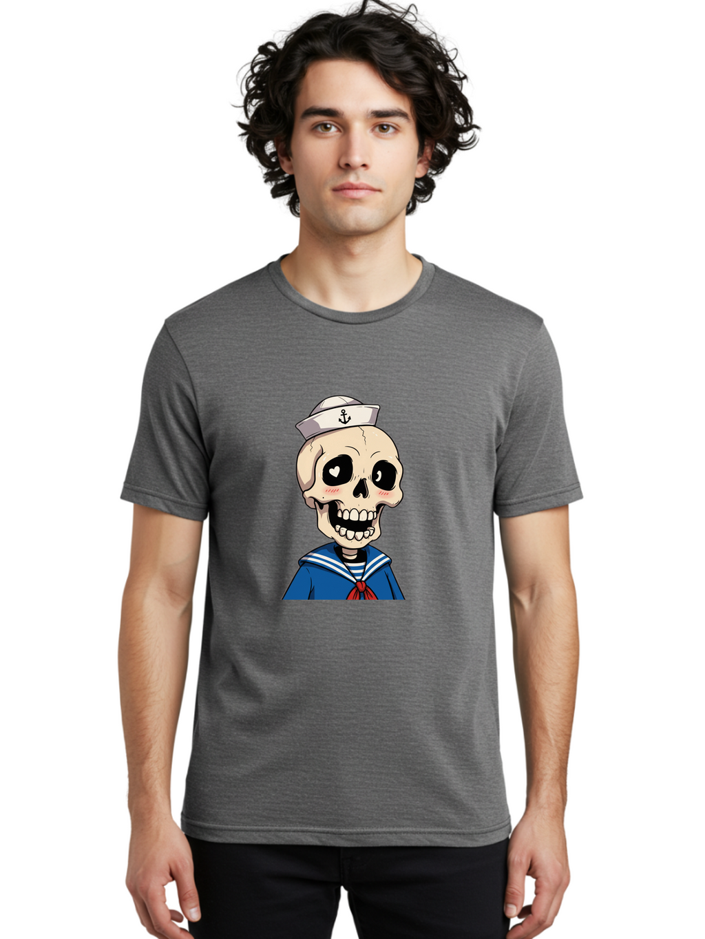 Sailor-Skull Men'S Graphic Tee, 100% Cotton, Comfortable Casual Summer Wear, Machine Washable, Cartoon Skull, Sailor Costume, Nautical Theme, Heart-Shaped Eye, Charming Smile, Kawaii Style, Quirky Character, Skeletal Figure, Anchor Hat, Bae264