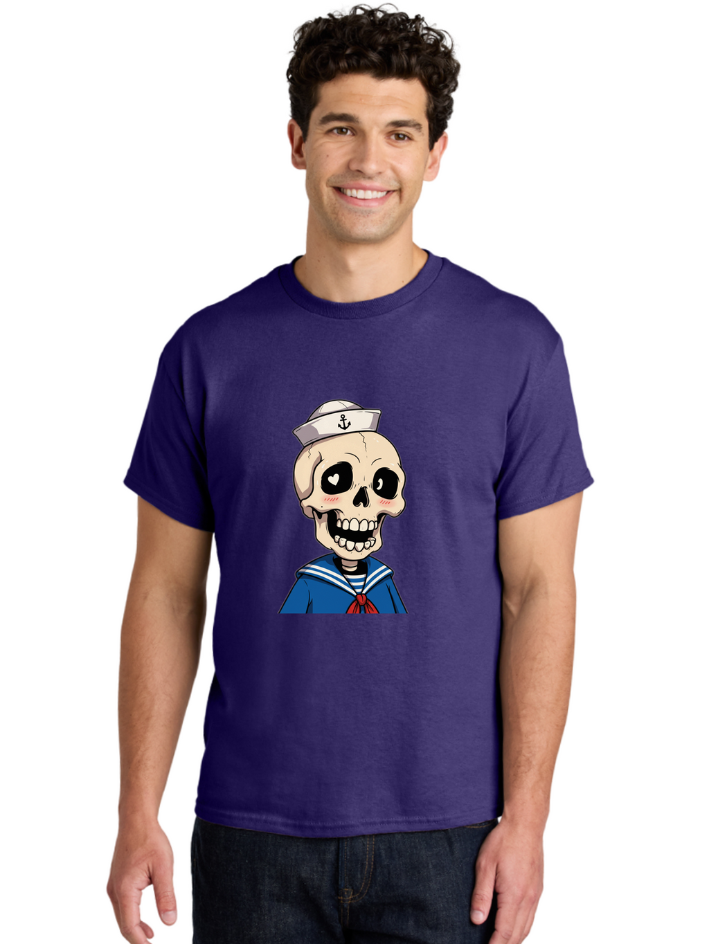 Sailor-Skull Men'S Graphic Tee, 100% Cotton, Comfortable Casual Summer Wear, Machine Washable, Cartoon Skull, Sailor Costume, Nautical Theme, Heart-Shaped Eye, Charming Smile, Kawaii Style, Quirky Character, Skeletal Figure, Anchor Hat, Bae264