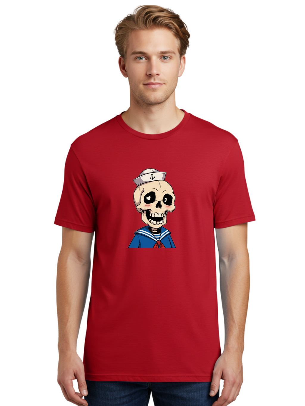 Sailor-Skull Men'S Graphic Tee, 100% Cotton, Comfortable Casual Summer Wear, Machine Washable, Cartoon Skull, Sailor Costume, Nautical Theme, Heart-Shaped Eye, Charming Smile, Kawaii Style, Quirky Character, Skeletal Figure, Anchor Hat, Bae264