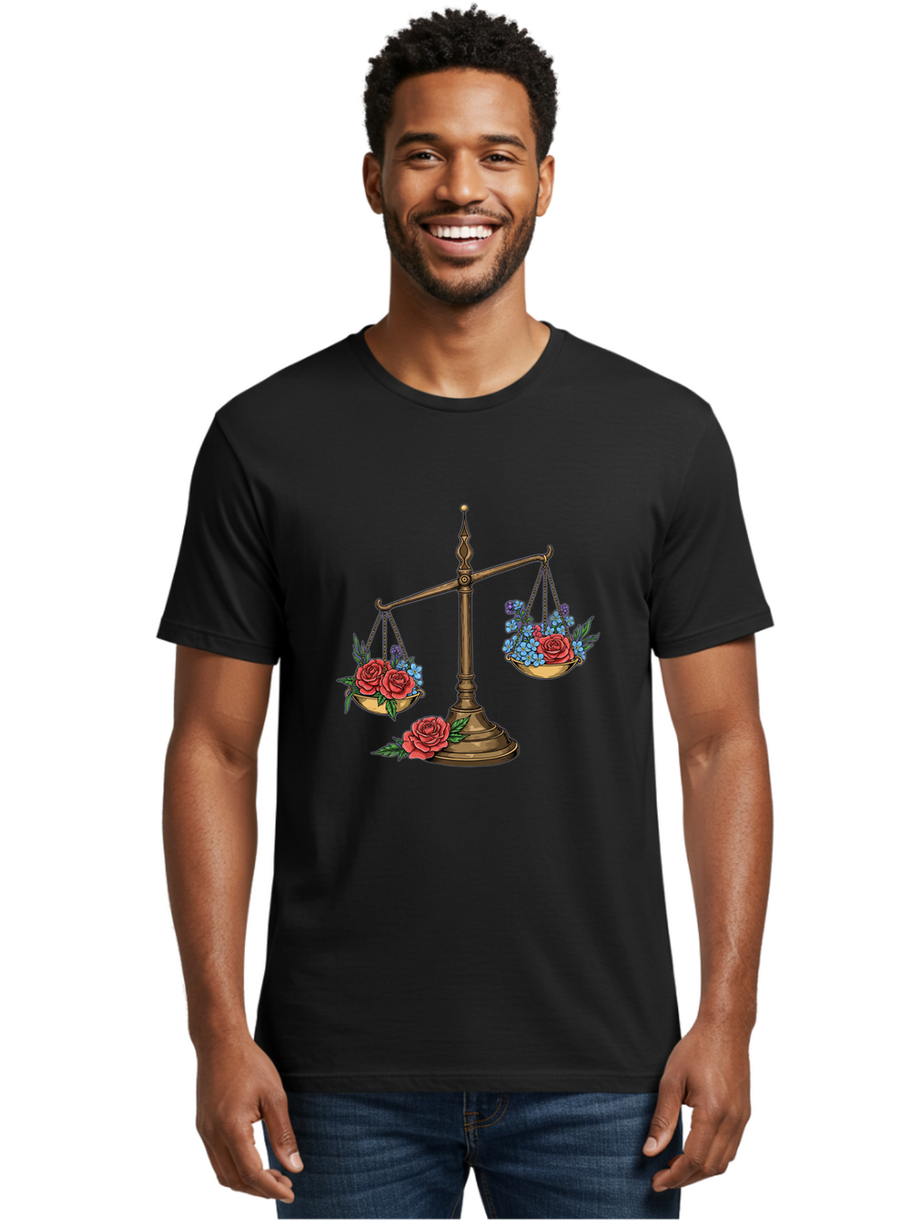 Scale-With-Flowers Men'S Graphic Tee, 100% Cotton, Comfortable Casual Summer Wear, Machine Washable, Vintage Scale, Balance And Harmony, Red Roses And Blue Flowers, Contrasting Colors, Equilibrium, Justice Symbol, Ornate Details, Bae265