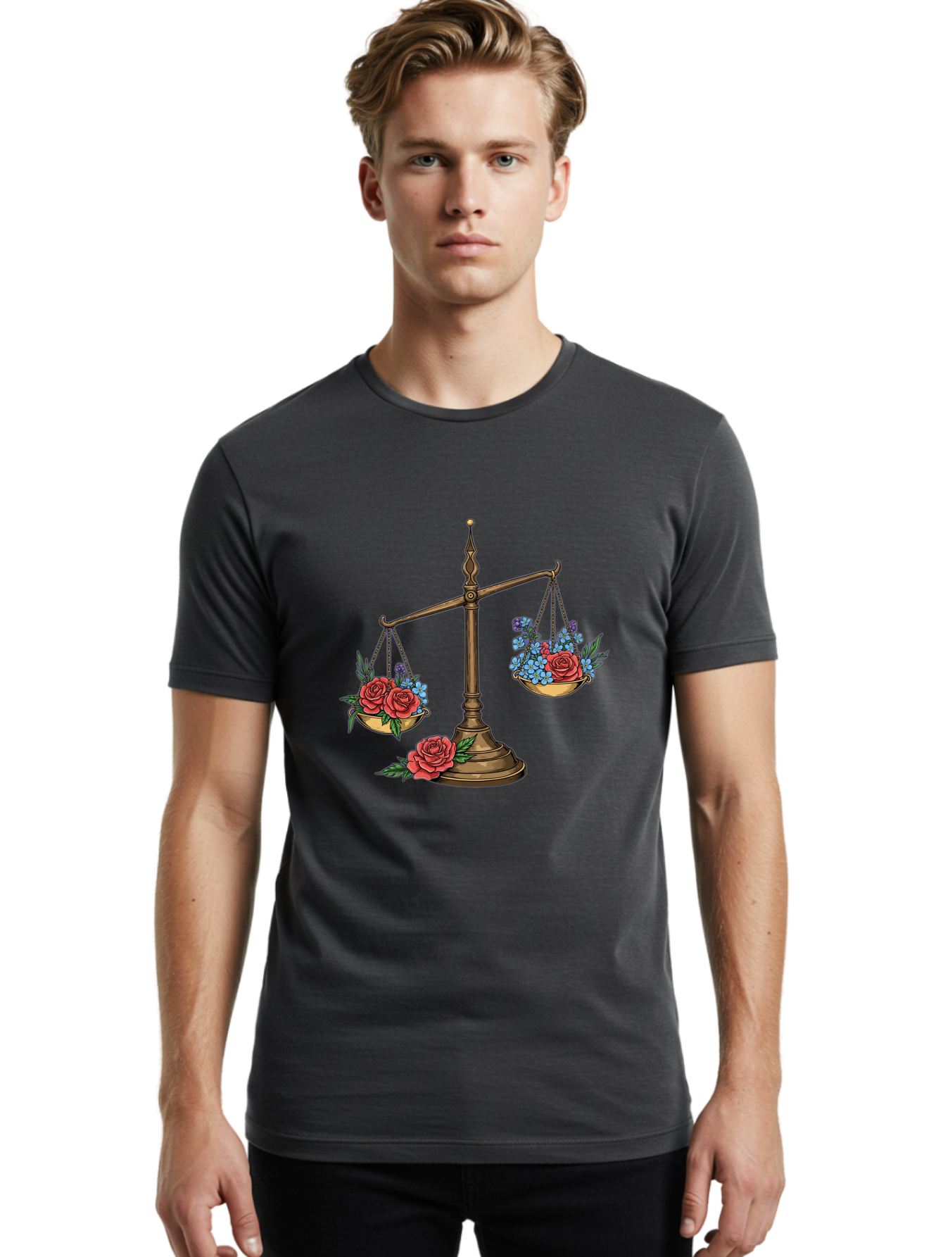 Scale-With-Flowers Men'S Graphic Tee, 100% Cotton, Comfortable Casual Summer Wear, Machine Washable, Vintage Scale, Balance And Harmony, Red Roses And Blue Flowers, Contrasting Colors, Equilibrium, Justice Symbol, Ornate Details, Bae265