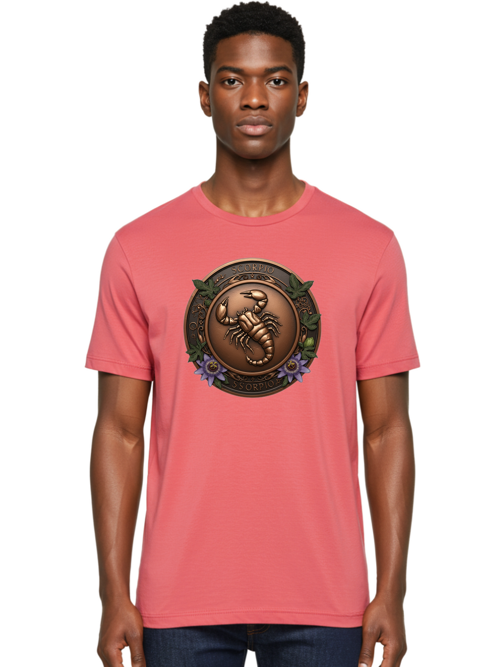 Scorpio-1 Men'S Graphic Tee, 100% Cotton, Comfortable Casual Summer Wear, Machine Washable, Scorpion Symbol, Zodiac Sign, Astrological Emblem, Bronze Medal, Scorpio, Mysterious, Astrology, Mystic, Flower, Leaves, Scorpion Motif Bae267