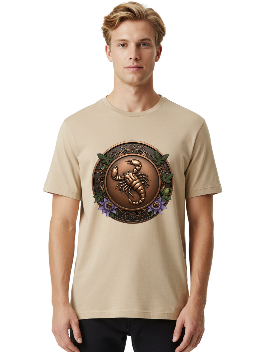 Scorpio-1 Men'S Graphic Tee, 100% Cotton, Comfortable Casual Summer Wear, Machine Washable, Scorpion Symbol, Zodiac Sign, Astrological Emblem, Bronze Medal, Scorpio, Mysterious, Astrology, Mystic, Flower, Leaves, Scorpion Motif Bae267