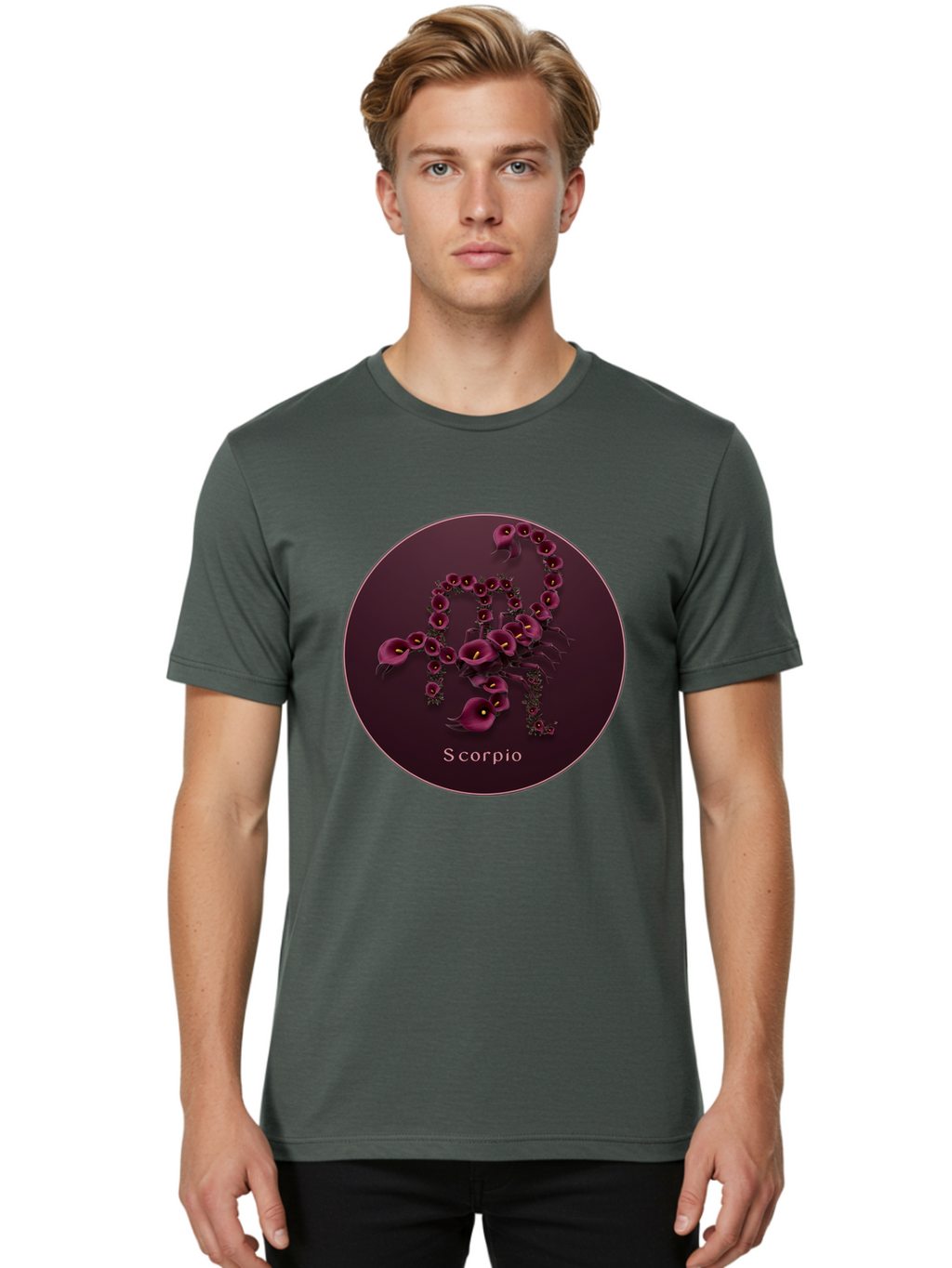 Scorpio Men'S Graphic Tee, 100% Cotton, Comfortable Casual Summer Wear, Machine Washable, Scorpion Symbol, Calla Lily Flowers, Floral Arrangement, Dark Pink Blooms, Astrology Sign, Zodiac Symbol, Scorpio, Mysterious Design, Elegant Flowers Bae268