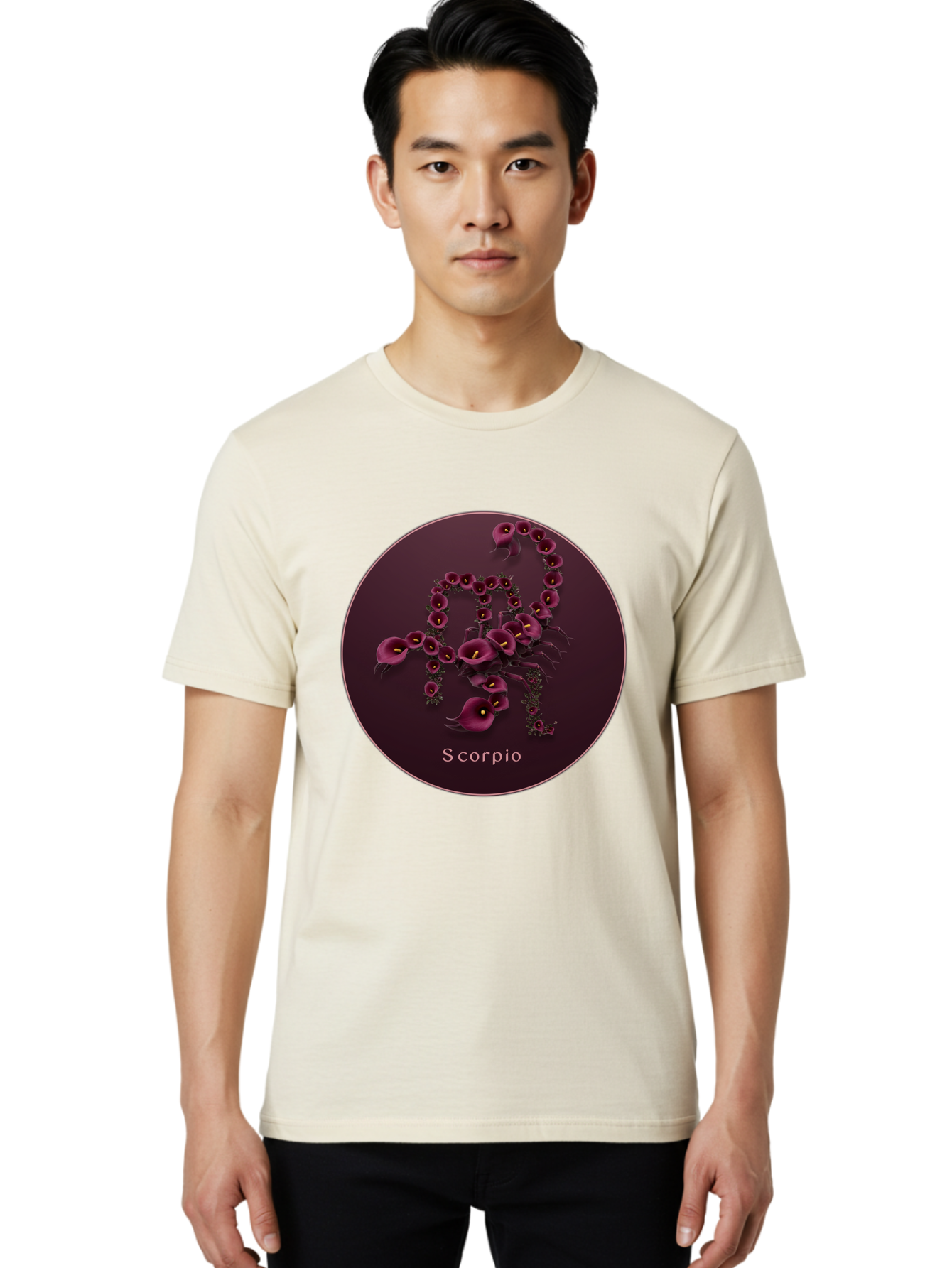 Scorpio Men'S Graphic Tee, 100% Cotton, Comfortable Casual Summer Wear, Machine Washable, Scorpion Symbol, Calla Lily Flowers, Floral Arrangement, Dark Pink Blooms, Astrology Sign, Zodiac Symbol, Scorpio, Mysterious Design, Elegant Flowers Bae268