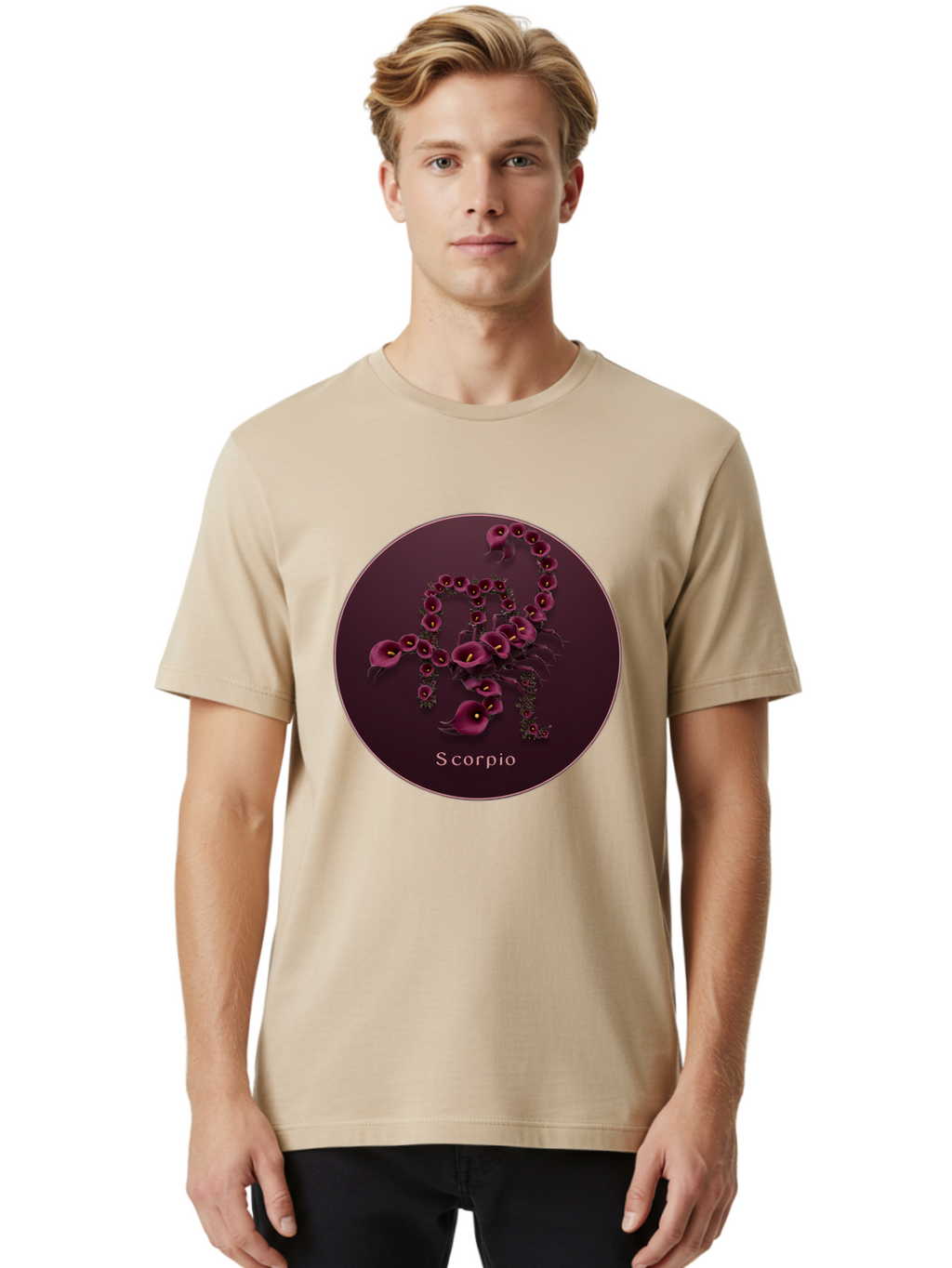 Scorpio Men'S Graphic Tee, 100% Cotton, Comfortable Casual Summer Wear, Machine Washable, Scorpion Symbol, Calla Lily Flowers, Floral Arrangement, Dark Pink Blooms, Astrology Sign, Zodiac Symbol, Scorpio, Mysterious Design, Elegant Flowers Bae268