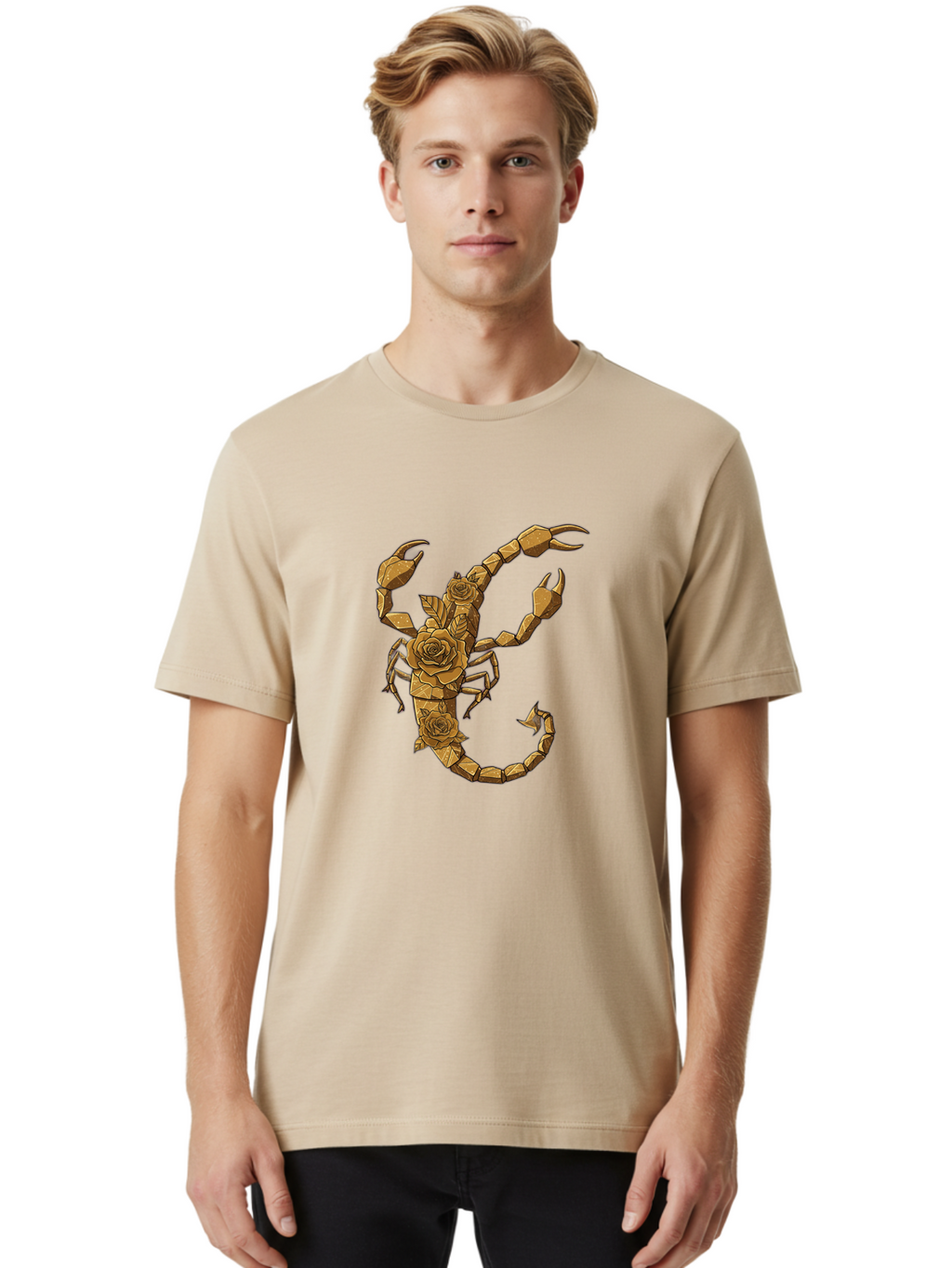 Scorpion-With-Roses Men'S Graphic Tee, 100% Cotton, Comfortable Casual Summer Wear, Machine Washable, Geometric Gold Scorpion, Roses On Body, Gold Roses And Scorpion Fusion, Intricate Design, Low Poly Art, Animal And Flower Art, Bae269