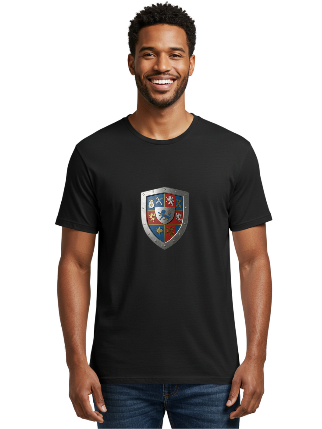 Shield-With-Coat-Of-Arms Men'S Graphic Tee, 100% Cotton, Comfortable Casual Summer Wear, Machine Washable, Shield Emblem, Coat Of Arms, Heraldic Shield, Medieval Symbol, Lion Emblem, Eagle Symbol, Crown Icon, Crossed Swords, Knight'S Armor, Bae270