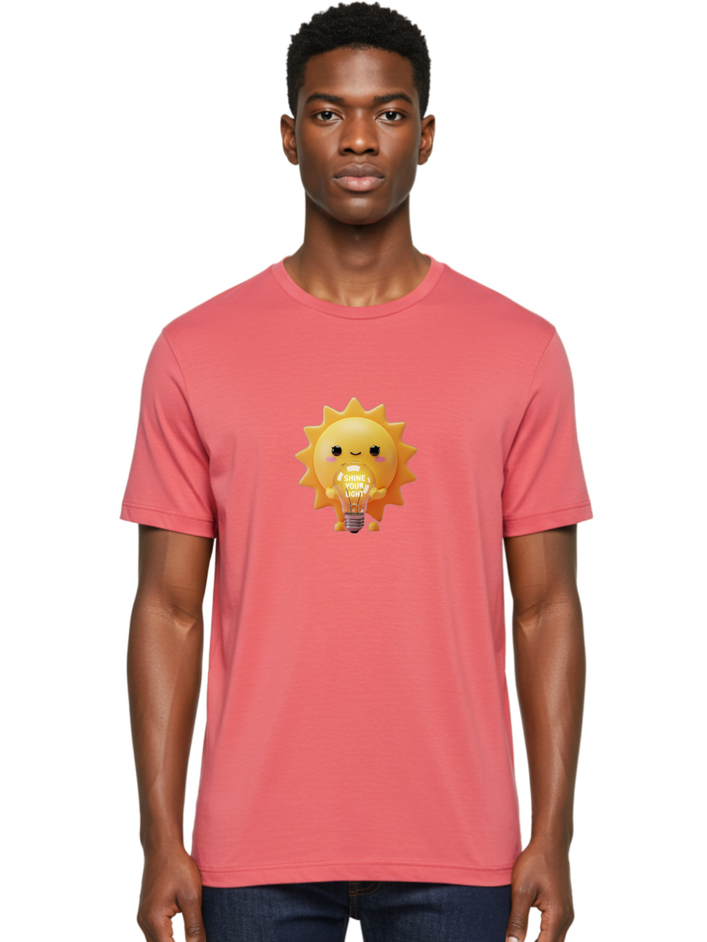 Shine-Your-Light-2 Men'S Graphic Tee, 100% Cotton, Comfortable Casual Summer Wear, Machine Washable, Smiling Sun Character, Holding Lightbulb, Positive Affirmation, Inspirational Quote, Cute Cartoon Design, Shine Your Light, Creative Idea, Bae272