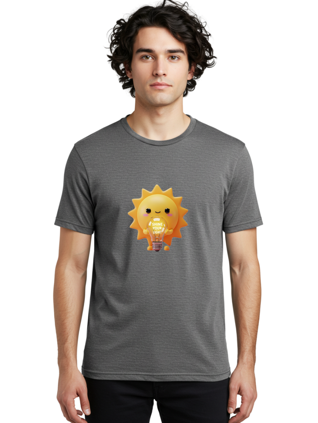 Shine-Your-Light-2 Men'S Graphic Tee, 100% Cotton, Comfortable Casual Summer Wear, Machine Washable, Smiling Sun Character, Holding Lightbulb, Positive Affirmation, Inspirational Quote, Cute Cartoon Design, Shine Your Light, Creative Idea, Bae272