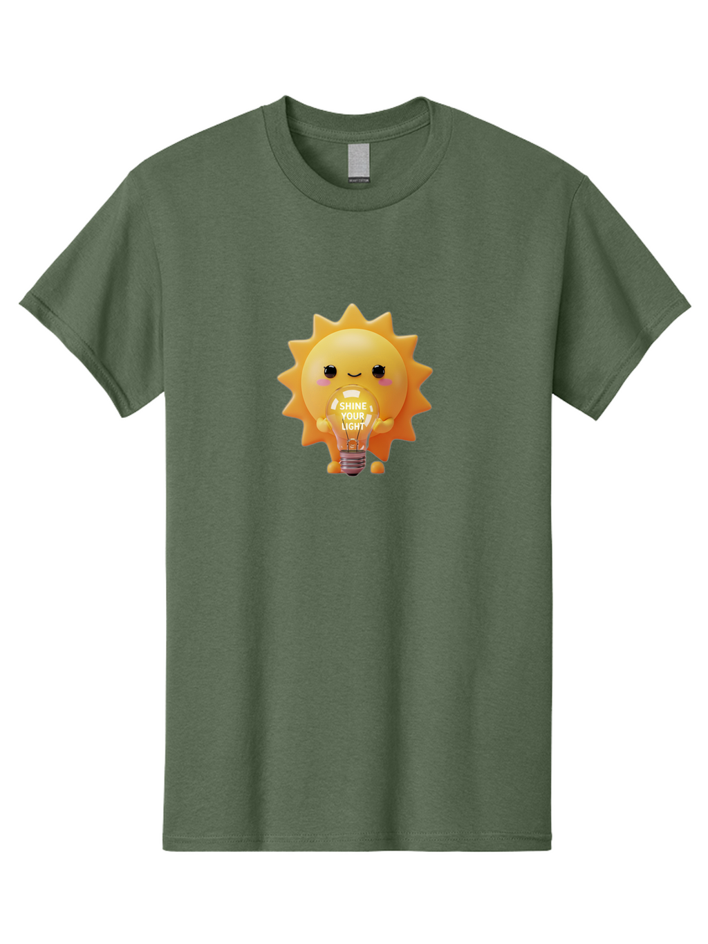 Shine-Your-Light-2 Men'S Graphic Tee, 100% Cotton, Comfortable Casual Summer Wear, Machine Washable, Smiling Sun Character, Holding Lightbulb, Positive Affirmation, Inspirational Quote, Cute Cartoon Design, Shine Your Light, Creative Idea, Bae272