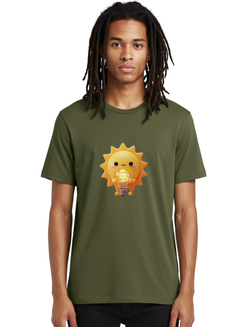 Shine-Your-Light-2 Men'S Graphic Tee, 100% Cotton, Comfortable Casual Summer Wear, Machine Washable, Smiling Sun Character, Holding Lightbulb, Positive Affirmation, Inspirational Quote, Cute Cartoon Design, Shine Your Light, Creative Idea, Bae272