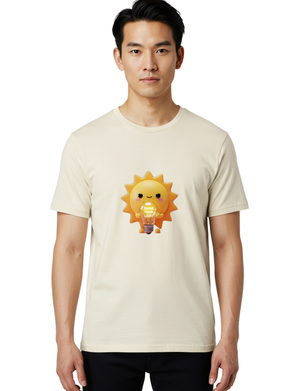 Shine-Your-Light-2 Men'S Graphic Tee, 100% Cotton, Comfortable Casual Summer Wear, Machine Washable, Smiling Sun Character, Holding Lightbulb, Positive Affirmation, Inspirational Quote, Cute Cartoon Design, Shine Your Light, Creative Idea, Bae272