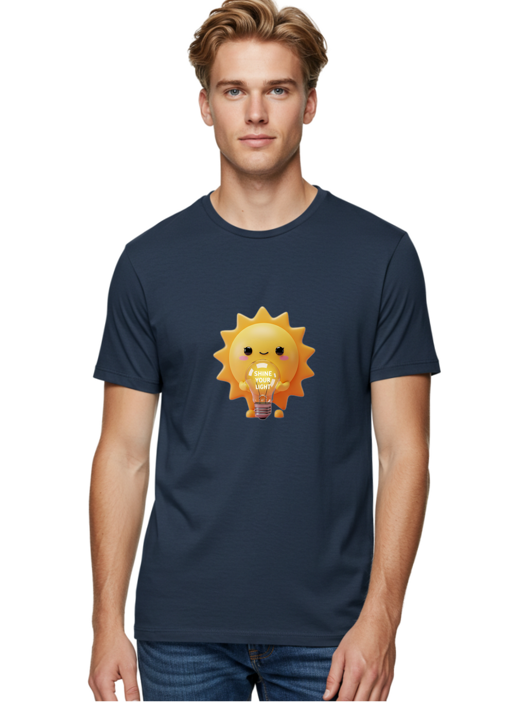 Shine-Your-Light-2 Men'S Graphic Tee, 100% Cotton, Comfortable Casual Summer Wear, Machine Washable, Smiling Sun Character, Holding Lightbulb, Positive Affirmation, Inspirational Quote, Cute Cartoon Design, Shine Your Light, Creative Idea, Bae272
