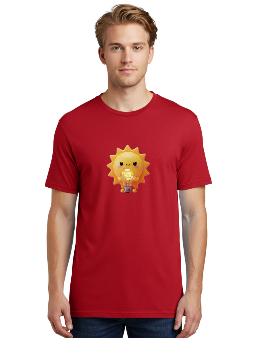 Shine-Your-Light-2 Men'S Graphic Tee, 100% Cotton, Comfortable Casual Summer Wear, Machine Washable, Smiling Sun Character, Holding Lightbulb, Positive Affirmation, Inspirational Quote, Cute Cartoon Design, Shine Your Light, Creative Idea, Bae272