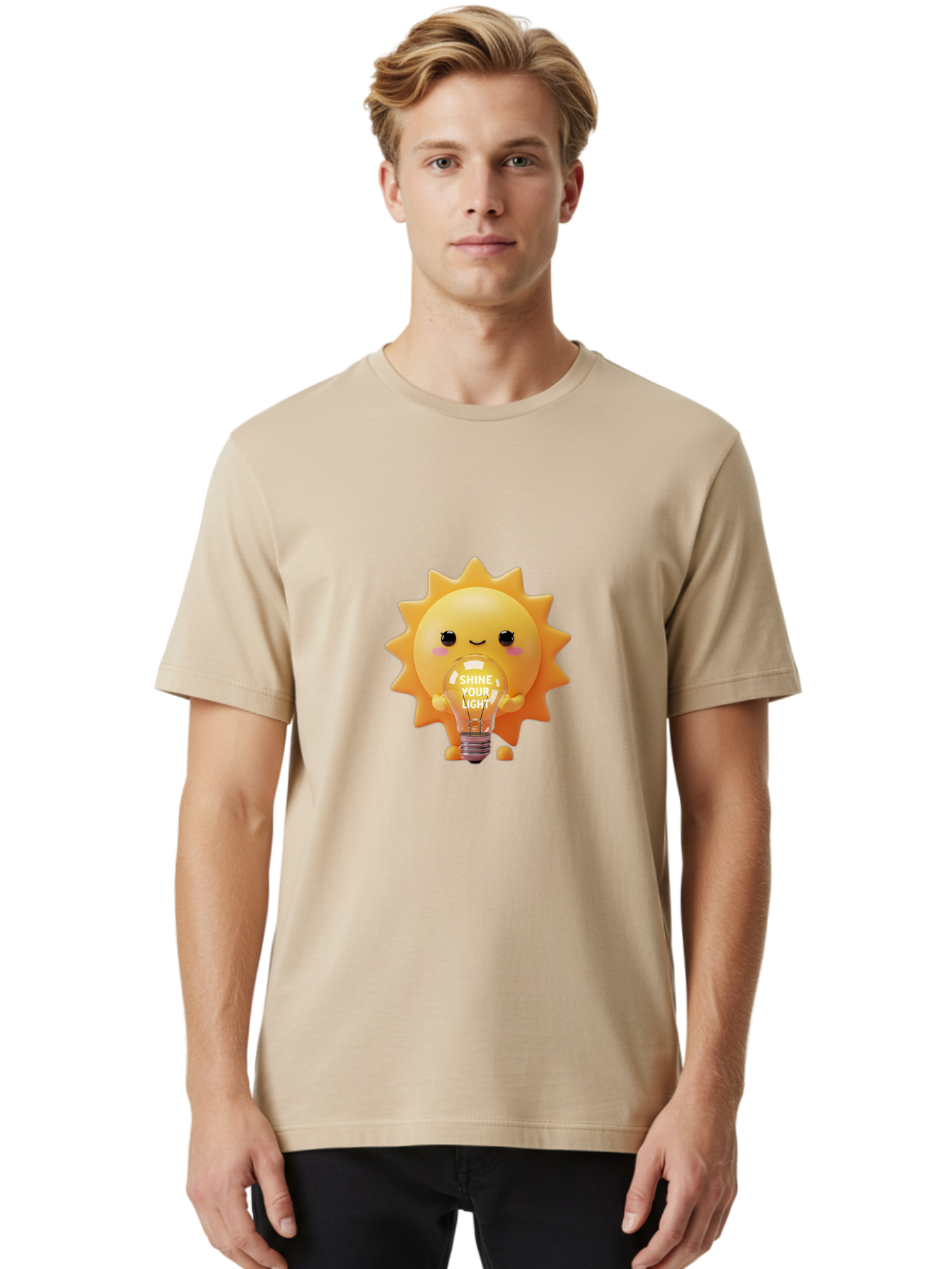 Shine-Your-Light-2 Men'S Graphic Tee, 100% Cotton, Comfortable Casual Summer Wear, Machine Washable, Smiling Sun Character, Holding Lightbulb, Positive Affirmation, Inspirational Quote, Cute Cartoon Design, Shine Your Light, Creative Idea, Bae272