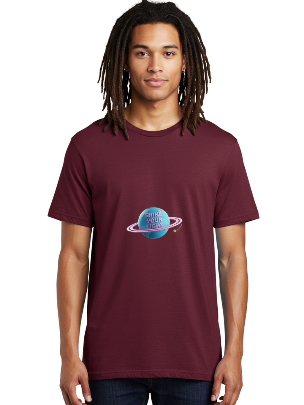 Shine-Your-Light-3 Men'S Graphic Tee, 100% Cotton, Comfortable Casual Summer Wear, Machine Washable, Blue Planet, Pink Ring, Shiny, Motivational Quote, Inspiring Words, Neon Light, Space Scene, Celestial Body, Shine Your Light Bae273