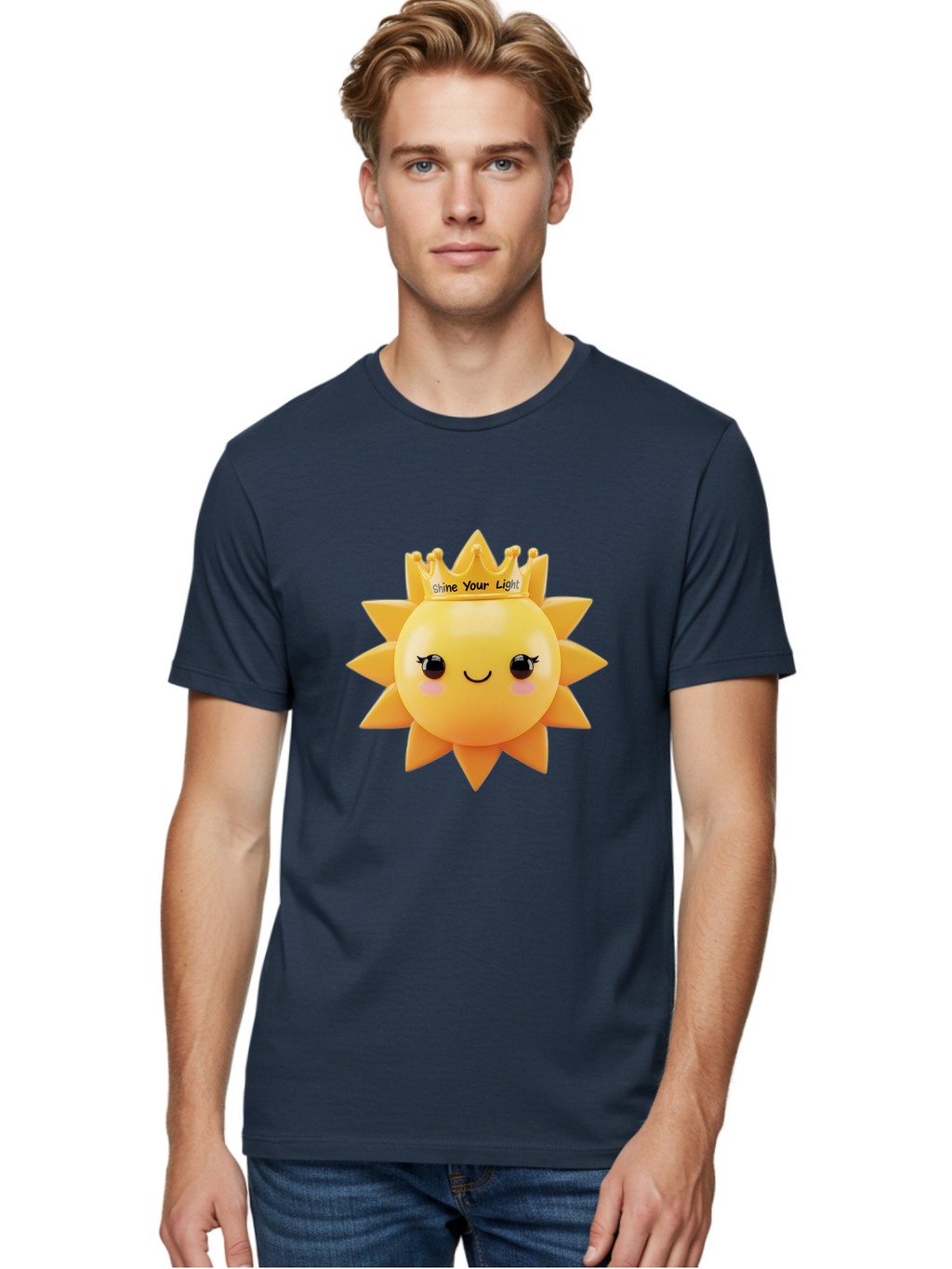 Shine-Your-Light-Sun Men'S Graphic Tee, 100% Cotton, Comfortable Casual Summer Wear, Machine Washable, Smiling Sun Figurine, Inspirational Quote, Motivational Message, Positive Affirmation, Shine Your Light, Cute Cartoon Character, Happy Face, Bae274