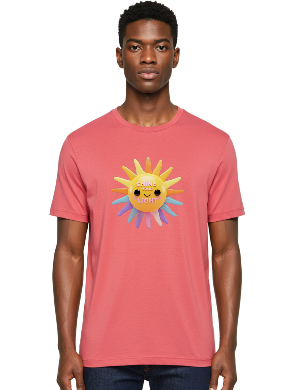 Shine-Your-Light Men'S Graphic Tee, 100% Cotton, Comfortable Casual Summer Wear, Machine Washable, Smiling Sun, Inspirational Quote, Multicolored Rays, Pink Text, Motivational Message, Happy Face, Pastel Colors, Positive Vibes Bae275