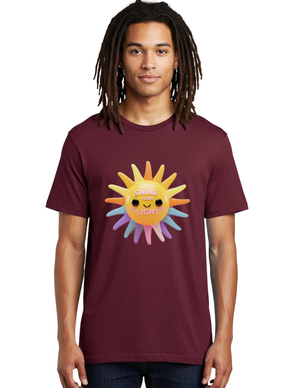 Shine-Your-Light Men'S Graphic Tee, 100% Cotton, Comfortable Casual Summer Wear, Machine Washable, Smiling Sun, Inspirational Quote, Multicolored Rays, Pink Text, Motivational Message, Happy Face, Pastel Colors, Positive Vibes Bae275