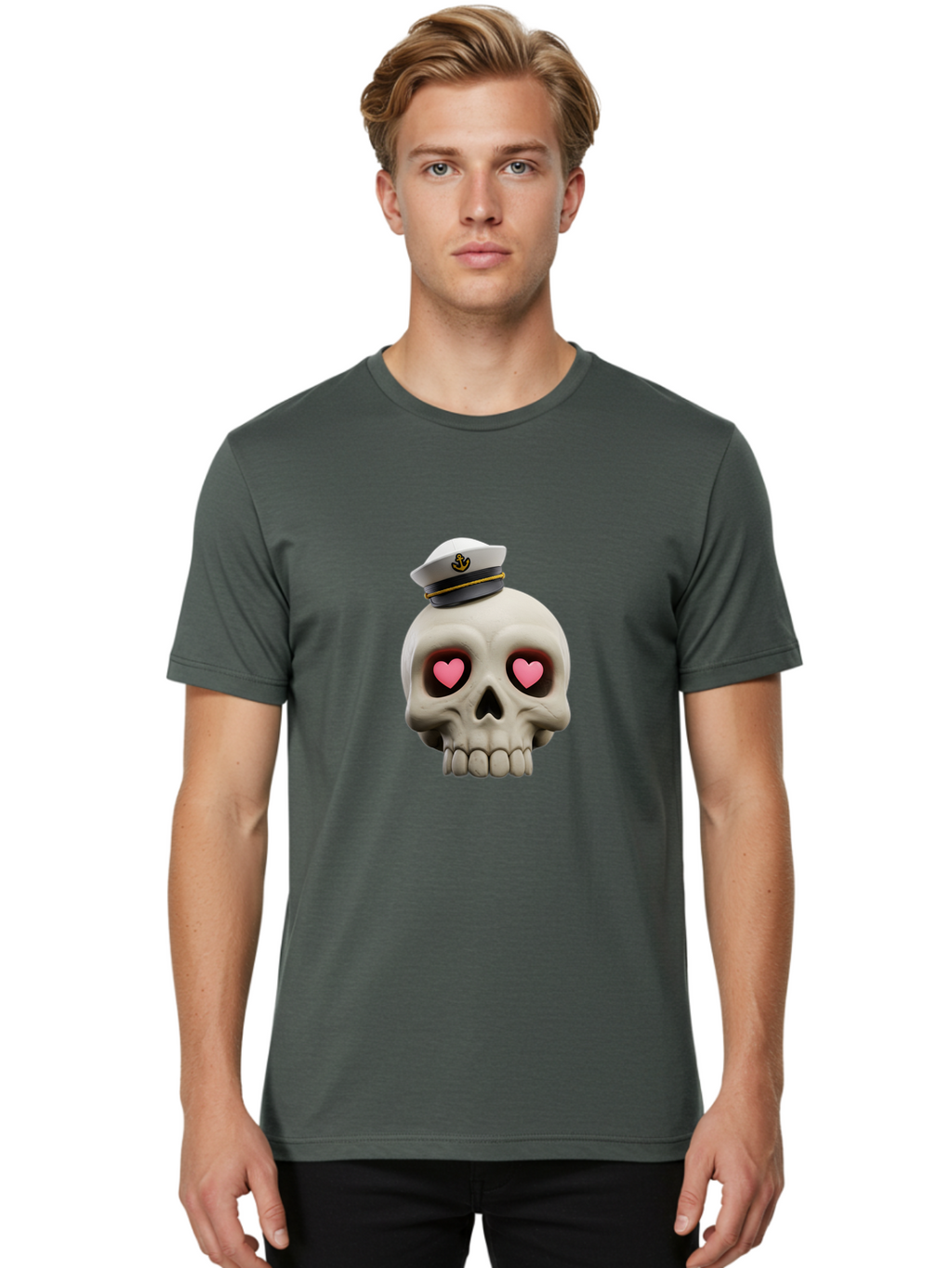 Skull-With-Captain-Hat Men'S Graphic Tee, 100% Cotton, Comfortable Casual Summer Wear, Machine Washable, Skull With Captain Hat, Heart Eyes, Nautical Theme, Halloween, Sugar Skull, Love, Pirate, Skull Art, Gothic, Skull Design Bae279