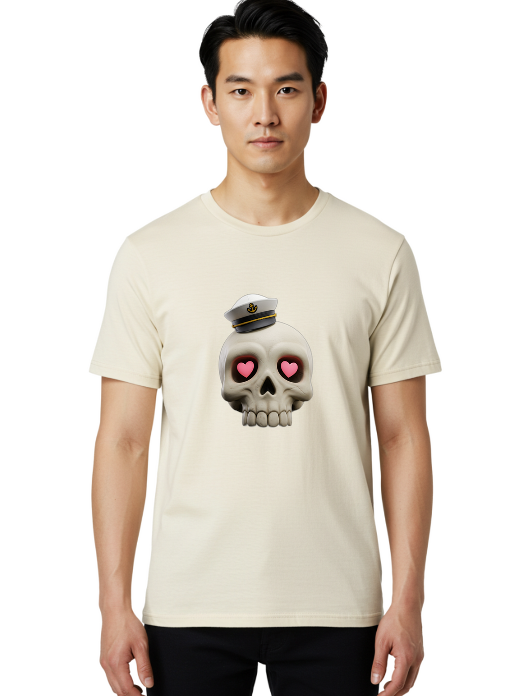 Skull-With-Captain-Hat Men'S Graphic Tee, 100% Cotton, Comfortable Casual Summer Wear, Machine Washable, Skull With Captain Hat, Heart Eyes, Nautical Theme, Halloween, Sugar Skull, Love, Pirate, Skull Art, Gothic, Skull Design Bae279