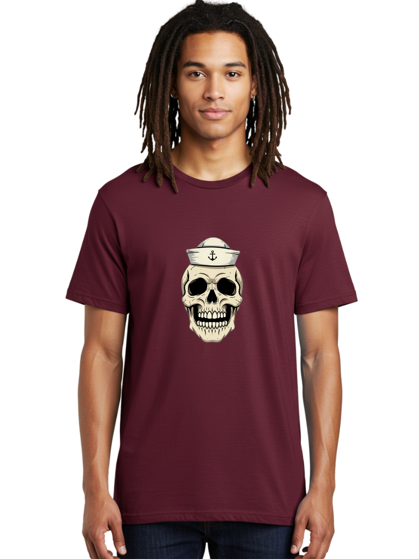 Skull-With-Sailor-Hat-1 Men'S Graphic Tee, 100% Cotton, Comfortable Casual Summer Wear, Machine Washable, Sailor Skull, Anchor Hat, Skull Art, Nautical Theme, Vintage Illustration, Pirate Symbol, Gothic Style, Sailor Hat, Anchor Emblem, Bae280