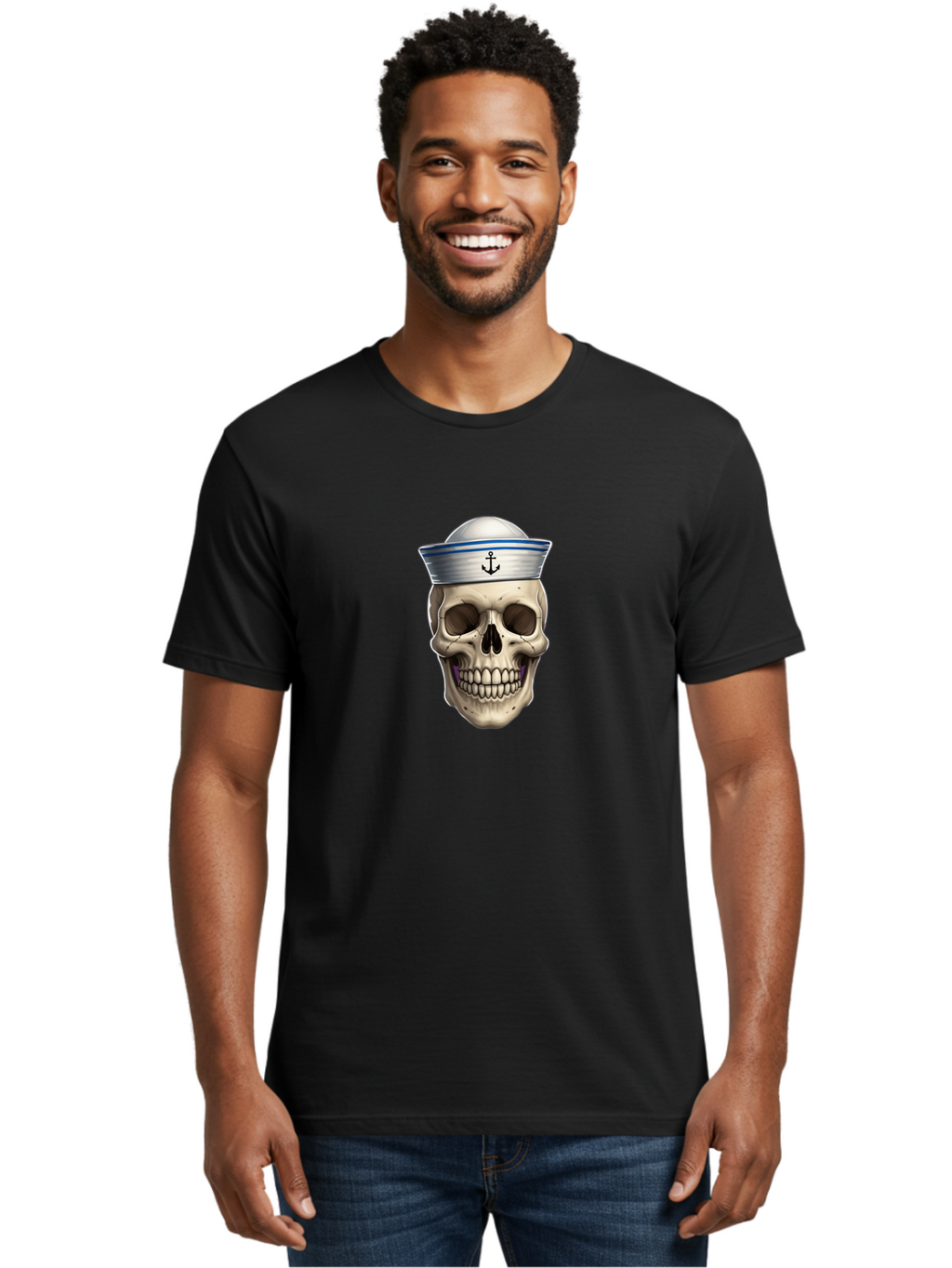 Skull-With-Sailor-Hat Men'S Graphic Tee, 100% Cotton, Comfortable Casual Summer Wear, Machine Washable, Sailor Skull, Human Skull, Sailor Hat, Anchor Symbol, Gothic Style, Grunge Aesthetic, Edgy Design, Bold Illustration Bae281