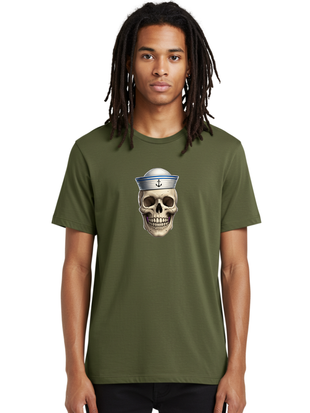 Skull-With-Sailor-Hat Men'S Graphic Tee, 100% Cotton, Comfortable Casual Summer Wear, Machine Washable, Sailor Skull, Human Skull, Sailor Hat, Anchor Symbol, Gothic Style, Grunge Aesthetic, Edgy Design, Bold Illustration Bae281