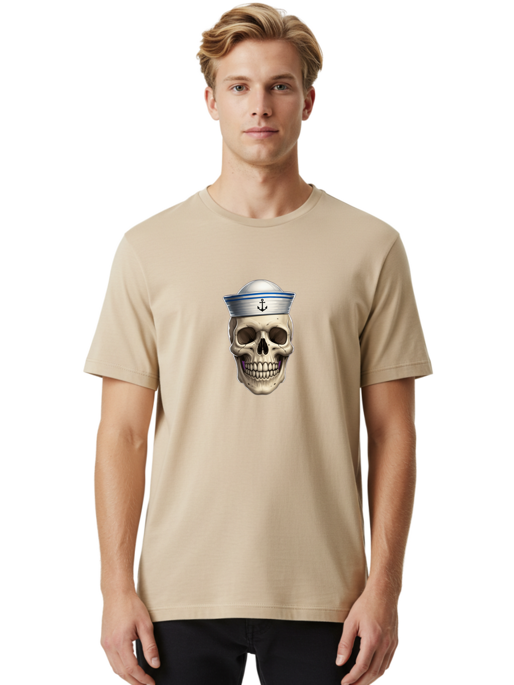 Skull-With-Sailor-Hat Men'S Graphic Tee, 100% Cotton, Comfortable Casual Summer Wear, Machine Washable, Sailor Skull, Human Skull, Sailor Hat, Anchor Symbol, Gothic Style, Grunge Aesthetic, Edgy Design, Bold Illustration Bae281