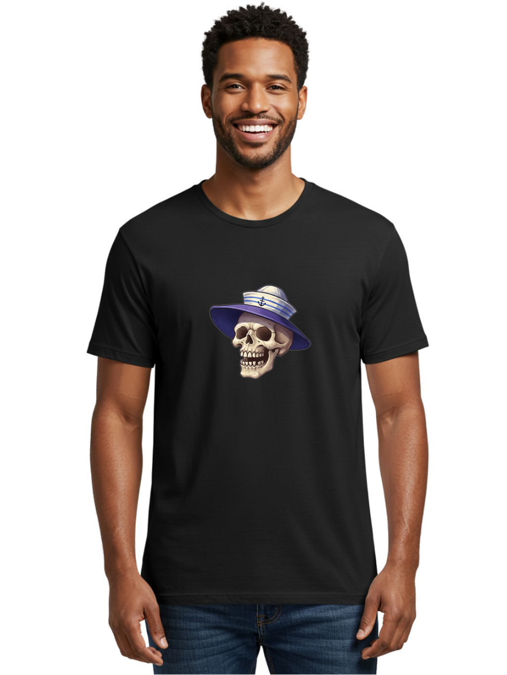 Skull-With-Sun-Hat Men'S Graphic Tee, 100% Cotton, Comfortable Casual Summer Wear, Machine Washable, Skull Wearing Sailor Hat, Anchor Emblem, Nautical Theme, Cartoon Style, Human Skull, Sailor Hat With Blue Stripes Bae282