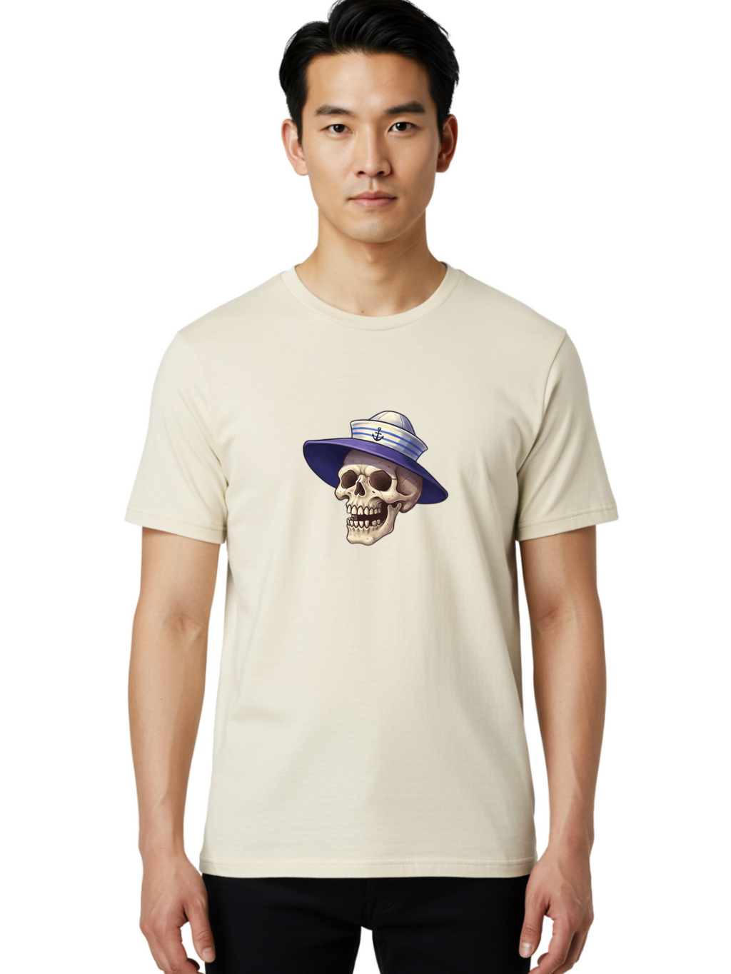 Skull-With-Sun-Hat Men'S Graphic Tee, 100% Cotton, Comfortable Casual Summer Wear, Machine Washable, Skull Wearing Sailor Hat, Anchor Emblem, Nautical Theme, Cartoon Style, Human Skull, Sailor Hat With Blue Stripes Bae282