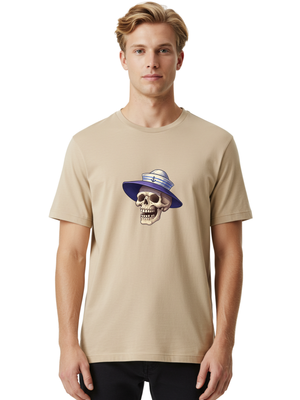 Skull-With-Sun-Hat Men'S Graphic Tee, 100% Cotton, Comfortable Casual Summer Wear, Machine Washable, Skull Wearing Sailor Hat, Anchor Emblem, Nautical Theme, Cartoon Style, Human Skull, Sailor Hat With Blue Stripes Bae282