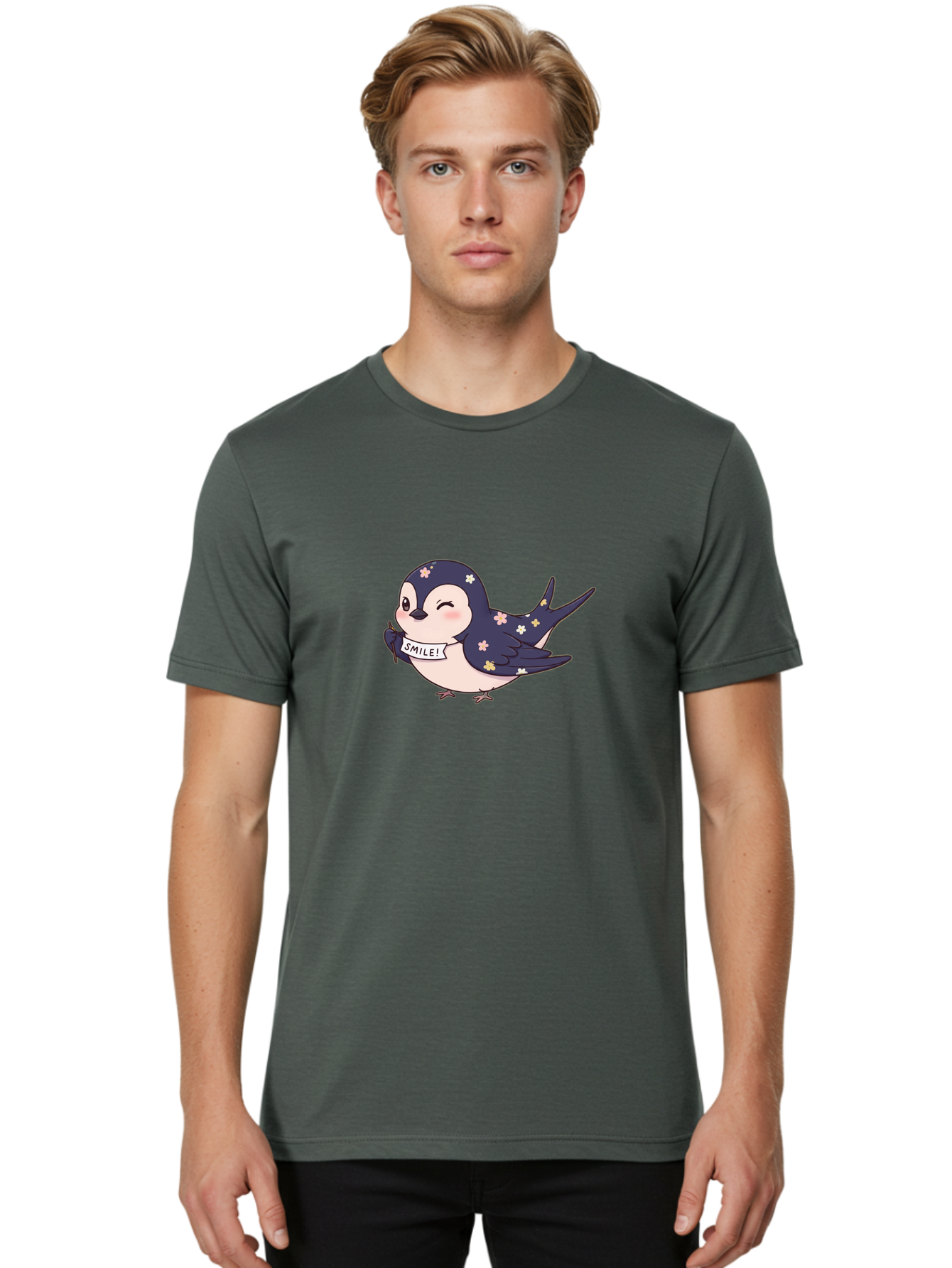 Smile-Bird Men'S Graphic Tee, 100% Cotton, Comfortable Casual Summer Wear, Machine Washable, Cute Cartoon Bird, Smiling Bird, Floral Pattern, Happy Vibes, Positivity, Cartoon Character, Kawaii Art, Adorable Illustration, Cheerful Design, Bae283