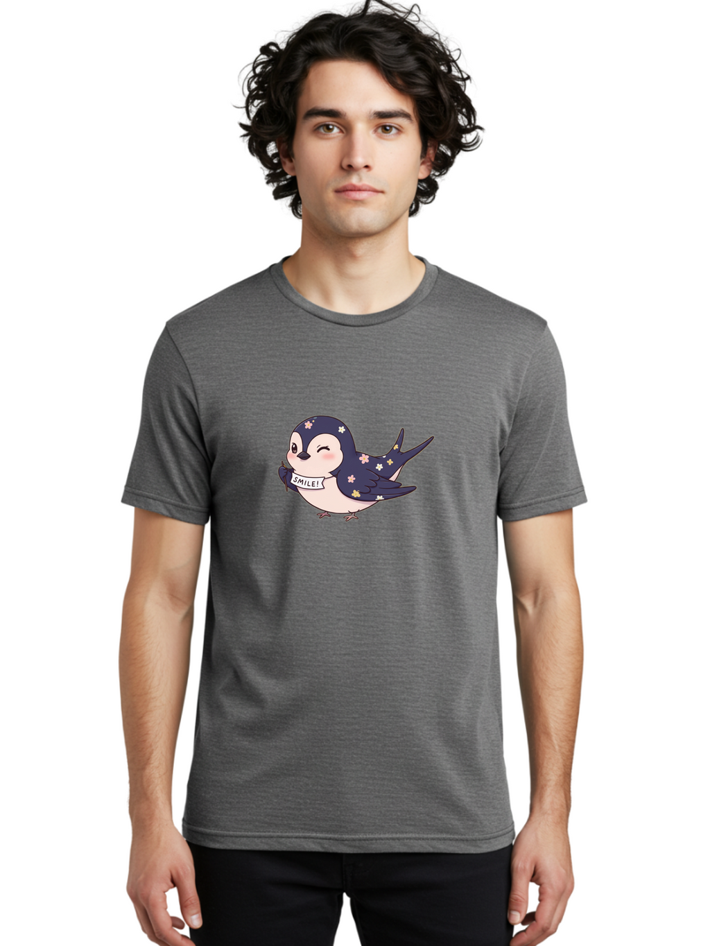 Smile-Bird Men'S Graphic Tee, 100% Cotton, Comfortable Casual Summer Wear, Machine Washable, Cute Cartoon Bird, Smiling Bird, Floral Pattern, Happy Vibes, Positivity, Cartoon Character, Kawaii Art, Adorable Illustration, Cheerful Design, Bae283