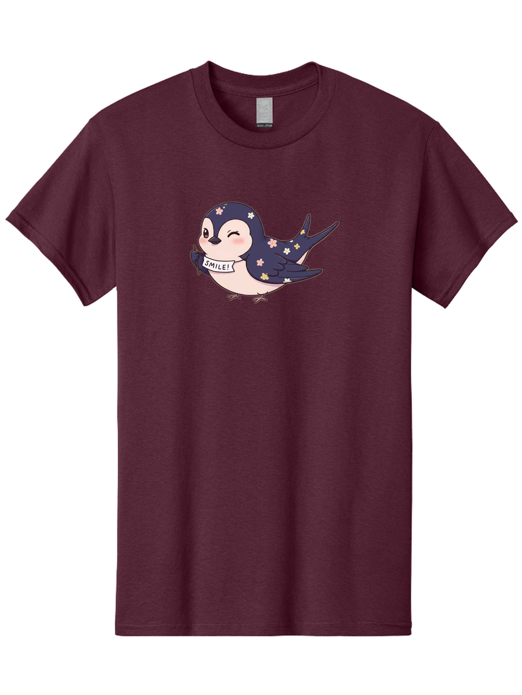 Smile-Bird Men'S Graphic Tee, 100% Cotton, Comfortable Casual Summer Wear, Machine Washable, Cute Cartoon Bird, Smiling Bird, Floral Pattern, Happy Vibes, Positivity, Cartoon Character, Kawaii Art, Adorable Illustration, Cheerful Design, Bae283