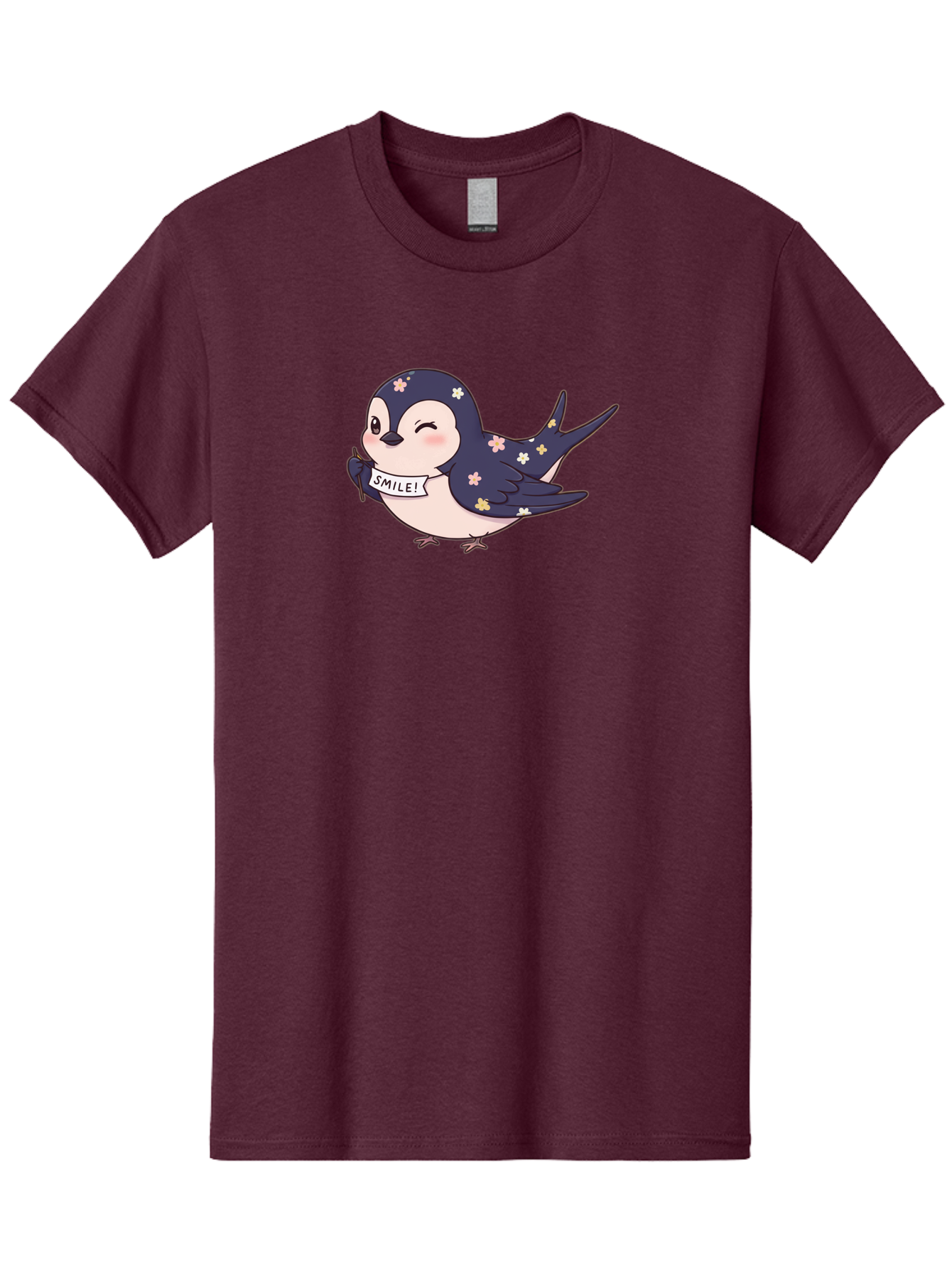 Smile-Bird Men'S Graphic Tee, 100% Cotton, Comfortable Casual Summer Wear, Machine Washable, Cute Cartoon Bird, Smiling Bird, Floral Pattern, Happy Vibes, Positivity, Cartoon Character, Kawaii Art, Adorable Illustration, Cheerful Design, Bae283