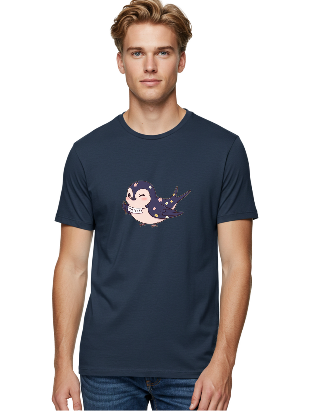 Smile-Bird Men'S Graphic Tee, 100% Cotton, Comfortable Casual Summer Wear, Machine Washable, Cute Cartoon Bird, Smiling Bird, Floral Pattern, Happy Vibes, Positivity, Cartoon Character, Kawaii Art, Adorable Illustration, Cheerful Design, Bae283