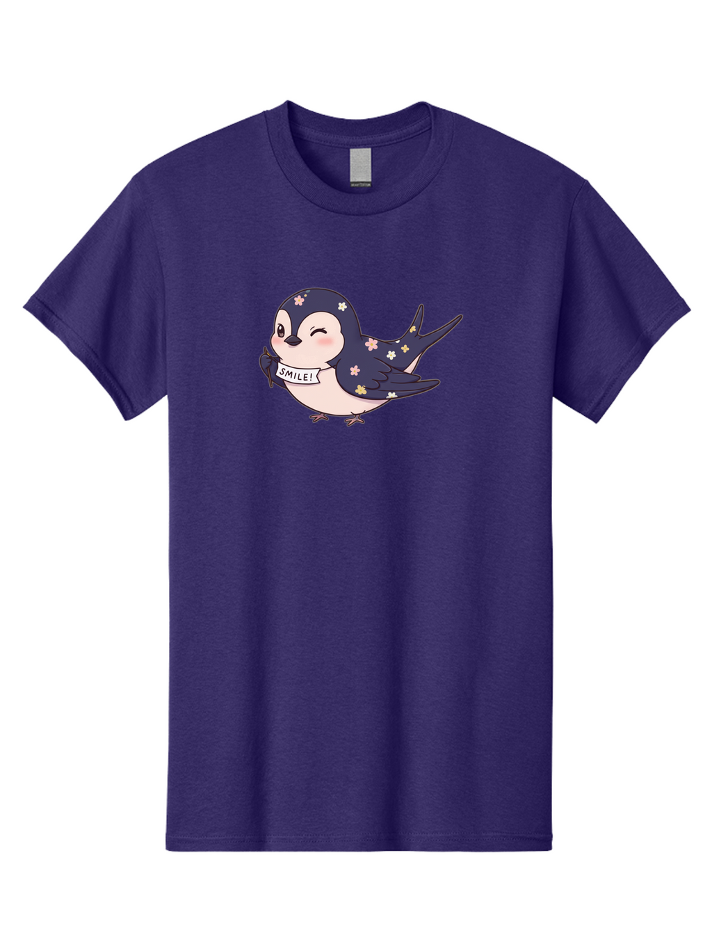 Smile-Bird Men'S Graphic Tee, 100% Cotton, Comfortable Casual Summer Wear, Machine Washable, Cute Cartoon Bird, Smiling Bird, Floral Pattern, Happy Vibes, Positivity, Cartoon Character, Kawaii Art, Adorable Illustration, Cheerful Design, Bae283