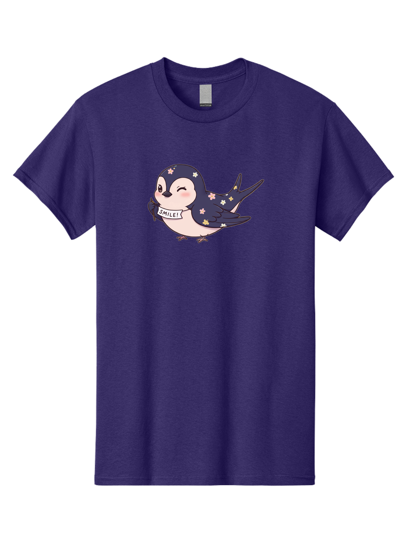 Smile-Bird Men'S Graphic Tee, 100% Cotton, Comfortable Casual Summer Wear, Machine Washable, Cute Cartoon Bird, Smiling Bird, Floral Pattern, Happy Vibes, Positivity, Cartoon Character, Kawaii Art, Adorable Illustration, Cheerful Design, Bae283